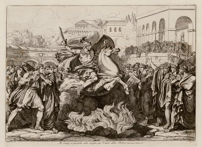 Marcus Curtius#39; offerdød (etsning) av Bartolomeo Pinelli