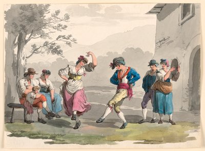 "Saltarello Romano," Dansende bønder i nabolaget til Roma av Bartolomeo Pinelli