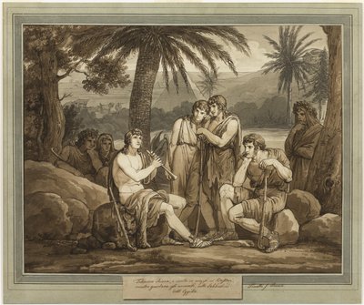 Telemachus spiller og synger for hyrdene i Egypt, fra The Adventures of Telemachus, bok 2 av Bartolomeo Pinelli