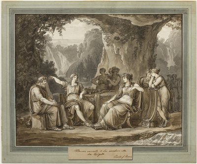 Telemachus relaterer sine eventyr til gudinnen Calypso, fra The Adventures of Telemachus, bok 1 av Bartolomeo Pinelli