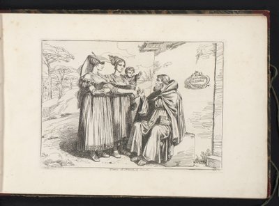 To kvinner fra Frascati og en eremitt Donne di Frascati, red. Eremita (tittel på objekt) Kostymetrykk med figurer fra Roma og omegn (serietittel) Nuova raccolta di cinquanta costumi de contorni di Roma (serietittel) av Bartolomeo Pinelli