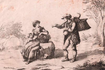 Kvinne fra Pietra Terrazzana i tradisjonelle kostymer, Abruzzo og Gioncataro (selger av caciotte-ost), etsning av Bartolomeo Pinelli (Roma) av Bartolomeo Pinelli
