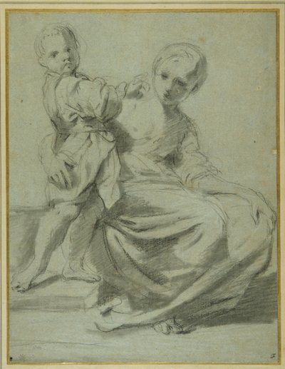 Mor og barn (svart kritt med brun vask på carta azzurra) av Bartolomeo Schedoni