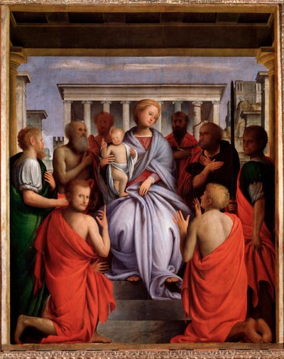 Madonna col Bambino e otto santi (Jomfru og barn med åtte hellige, Madonna og barn med åtte hellige) Maleri av Bartolommeo Suardi sa Bramantino (1465-1530) 1515-1520 Dim 214x104 cm Firenze, Palazzo Pitti av Bartolomeo Suardi Bramantino