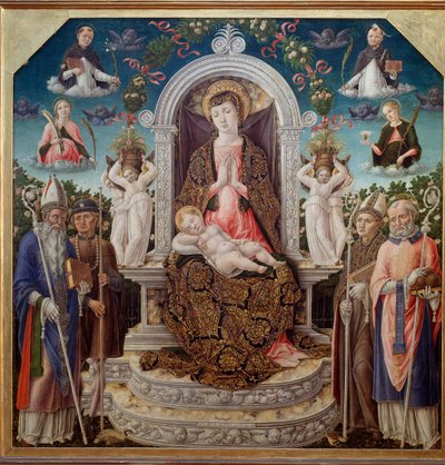 Jomfru og barn på tronen omgitt av Saint Augustine, Saint Roch, Saint Louis av Toulouse (Anjou), Saint Nicholas of Myre og i himmelen Saint Catherine, Saint Dominica, Saint Peter the Martyr (Verona) og Saint Mary Madeleine (Jomfru med barn vidd av Bartolomeo Vivarini