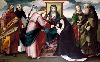 Det mystiske bryllupet til Saint Catherine av Siena med Kristus, og de hellige døperen Johannes, Antonio Abate, Dominic, kong David og jomfru Maria, ca. 1517 (olje på panel) av Bartolomeo called Bagnacavallo Ramenghi