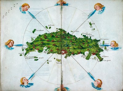Isolario, i vers, med fargelagte tegninger og et kart over det østlige Middelhavet på vellum., ca. 1480 (tegning på vellum) av Bartolomeo da li Sonetti