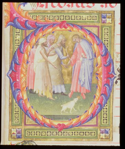 Ms 518 f.1r Historikert initial O som viser Tobias og engelen av Bartolomeo di Frusino