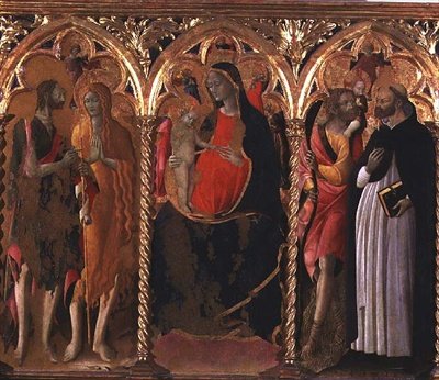 Triptyk: Madonna og barn (sentralt panel) med Døperen Johannes, St. Maria Magdalena, St. Christopher og St. Dominikus (tempera på panelet) av Bartolomeo di Tommaso da Foligno