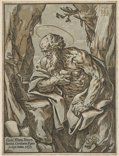 Saint Jerome, etter Guido Reni, 1637 (chiaroscuro tresnitt fra tre blokker på lagt papir) av Bartolommeo Coriolano
