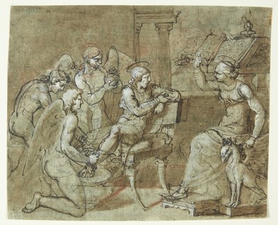 En mannlig helgen blir vasket og tatt vare på av engler mens han lytter til en kvinnelig helgen som sitter foran en talerstol og peker oppover. St. Sebastian på St. Irene? av Bartolommeo Letterini