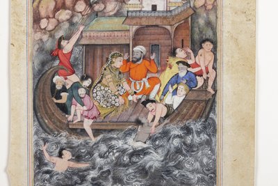 Detalj fra En storm til sjøs, ca. 1560–65 (ugjennomsiktig akvarell og gull på papir) av Basawan Basawan