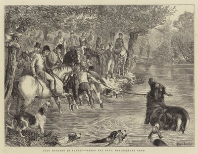 Stag Hunting i Surrey, tar Deer, Shackleford Pond av Basil Bradley