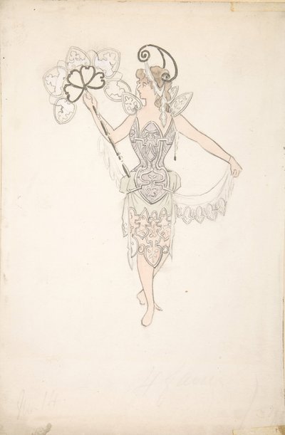 Kostymedesign for dame med vifte, 1890-99. av Basil Crage