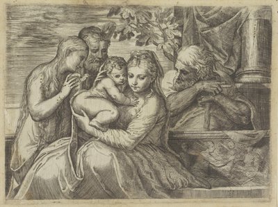 Hellig familie med hellige av Battista Angolo del Moro (attributed to)