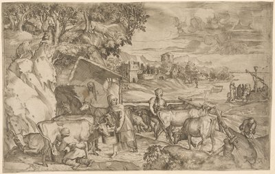 Landskap med storfe av Battista Angolo del Moro