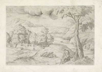 Panoramalandskap med ruiner, en by og reisende Landschap møtte gjeter av Battista Angolo del Moro
