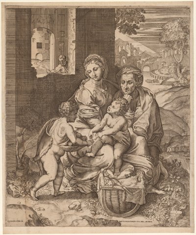 Den hellige familie (La Perla) (etter Raphael) av Battista Angolo del Moro