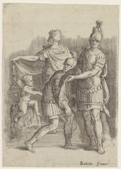 Tre soldater og en putto av Battista Franco