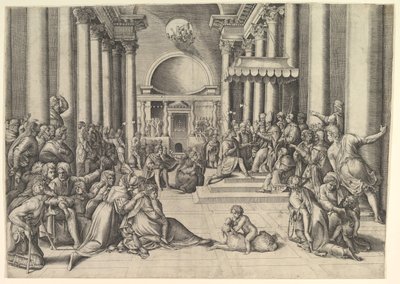 Konstantin presenterer byen Roma for Den hellige stol, til høyre, mange tilskuere ..., ca. 1530-61. av Battista Franco Veneziano