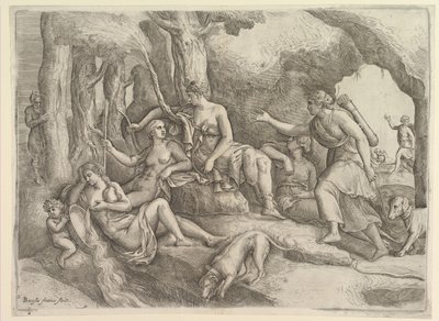 Diana hviler med nymfer. av Battista Franco Veneziano