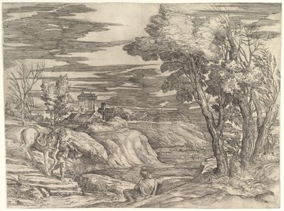 Landskap med en rytter og hans brudgom, ca. 1552-61. av Battista Franco Veneziano