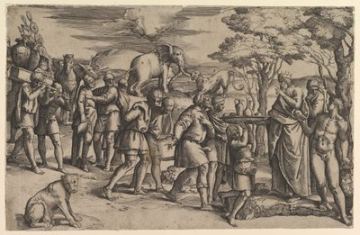 Melkisedek tilbyr brød og vin til Abraham, ca. 1547. av Battista Franco Veneziano