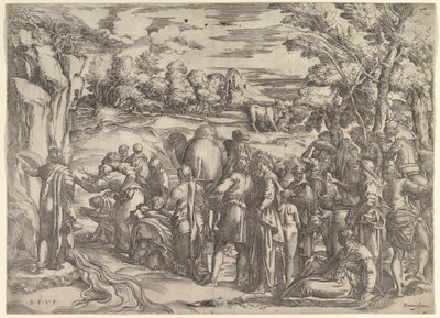 Moses trekker vann fra klippen, til venstre med vann som strømmer, forskjellige figurer og ..., ca. 1552-61. av Battista Franco Veneziano