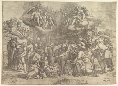 Hyrdenes tilbedelse med engler over hodet, ca. 1530-61. av Battista Franco Veneziano