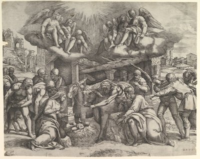 Hyrdenes tilbedelse med engler over hodet, ca. 1530-61. av Battista Franco Veneziano