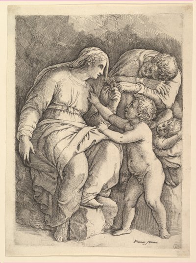 Den hellige familie. av Battista Franco Veneziano