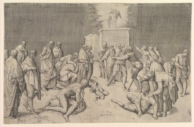 Filisterne plasserer paktens ark i Dagons tempel, ca. 1540. av Battista Franco Veneziano