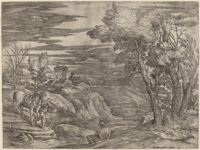 Landskap med en mann som leder en hest av Battista Franco after Titian