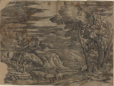 Landskap med en mann som leder en hest av Battista Franco, after Titian