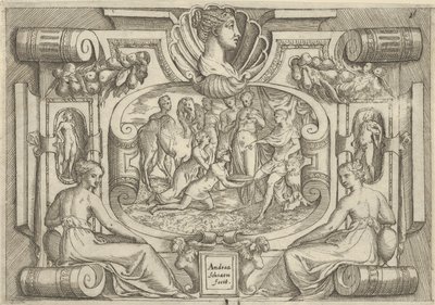 En mann og kvinne som tilbyr et fat med mynter til en konge som sitter på en trone, satt med..., ca. 1540-80. av Battista del Moro