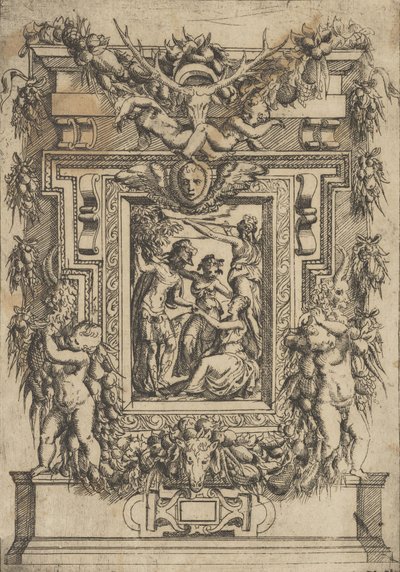 En ung mann rekker frem hånden til en sittende kvinne, en annen kvinne står mellom dem en..., ca. 1540-80. av Battista del Moro