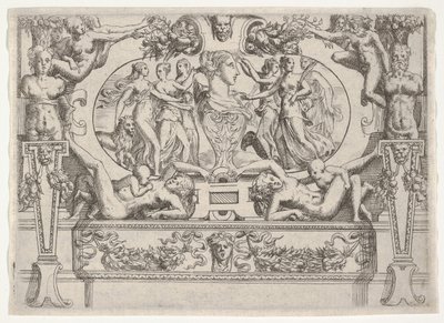 Byste av en kvinne flankert av tre kvinner på hver side, satt innenfor en forseggjort ramme, ca. 1540-80. av Battista del Moro