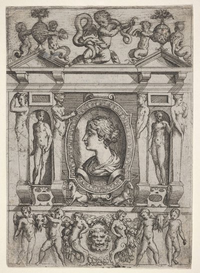 Byste av en kvinne i profil vendt mot venstre, satt i en forseggjort ramme med figurer i n..., ca. 1540-80. av Battista del Moro