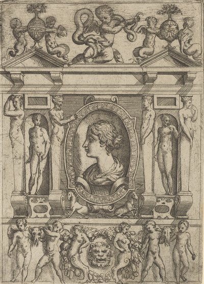 Byste av en kvinne i profil vendt mot venstre, satt i en forseggjort ramme med figurer i n..., ca. 1540-80. av Battista del Moro