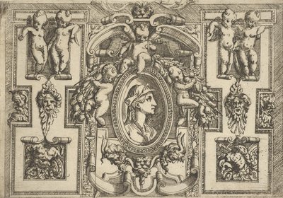 Byste av en kvinne i profil mot høyre, satt innenfor en forseggjort ramme med putti, ..., ca. 1540-80. av Battista del Moro
