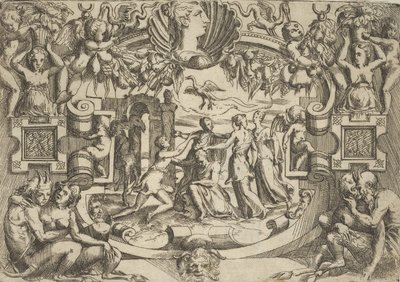 Fire kvinner rundt en sittende figur, en fugl over dem, satt i en forseggjort ..., ca. 1540-80. av Battista del Moro