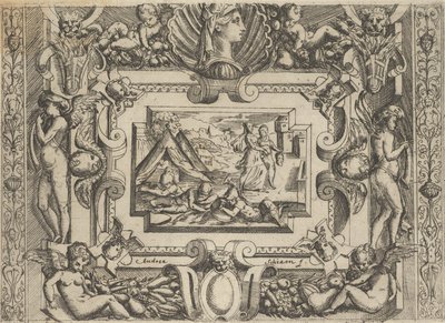 Judith og tjenestepike med hodet til Holofernes, satt innenfor en forseggjort ramme, ca..., ca 1540-80. av Battista del Moro