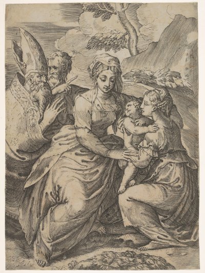 Madonna og barn med hellige etter Parmigianino. av Battista del Moro