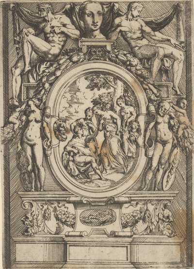 The Judgment of Paris, mann som sitter til venstre strekker seg ut til en kvinne som er flankert av ..., ca. 1540-80. av Battista del Moro