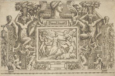 Kvinne sittende med armene utstrakt, personifisering av berømmelse med trompet til høyre,..., ca. 1540-80. av Battista del Moro
