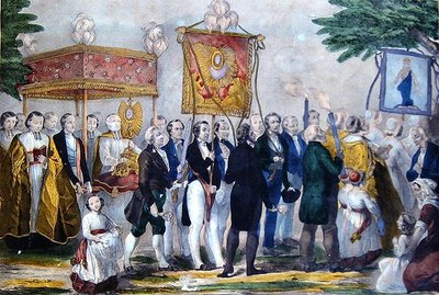 Prosesjon av Confrerie du Tres Saint Sacrament. tidlig på 1800-tallet (farge litho) av Bautz Bautz