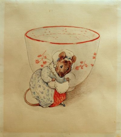 Frau Maus snurrer foran en tekopp av Beatrix Potter