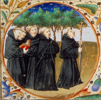 Scene av klosterlivet. Detalj som representerer munker av Augustinerordenen. Miniatyr hentet fra "" Timebok i henhold til bruken av Paris"" belyst av Mesterens verksted i Bedford. 1450. Paris, B.N. av Bedford Master Workshop