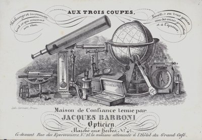 Annonse for Jacques Barboni optiske instrumenter (litho) av Belgian School