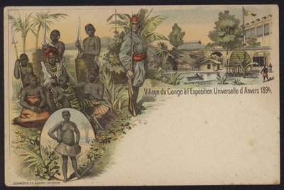 Kongolesisk landsby utstilt på Exposition Internationale d"Anvers, Antwerpen, Belgia, 1894 av Belgian School